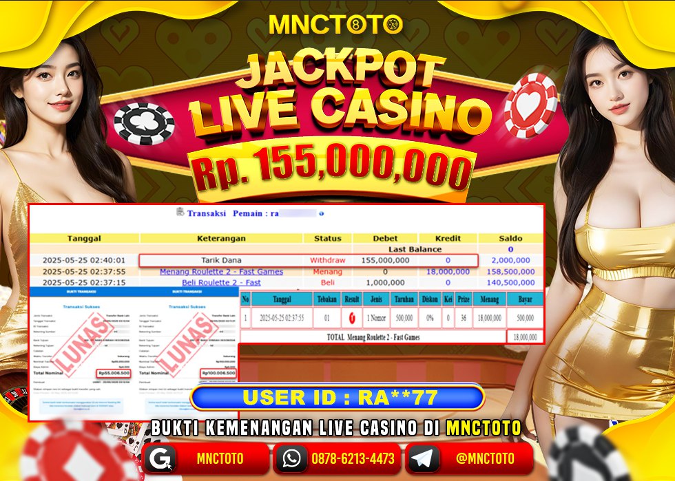 MNCTOTO SELAMAT KEPADA USER ID RI***12  TELAH WEDE TOTAL Rp.155.000.000.,- LUNAS
