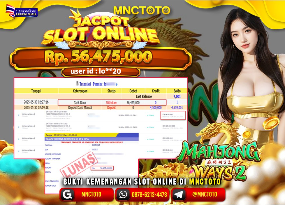 MNCTOTO SELAMAT KEPADA USER ID LO***20  TELAH WEDE TOTAL Rp.56.475.000.,- LUNAS