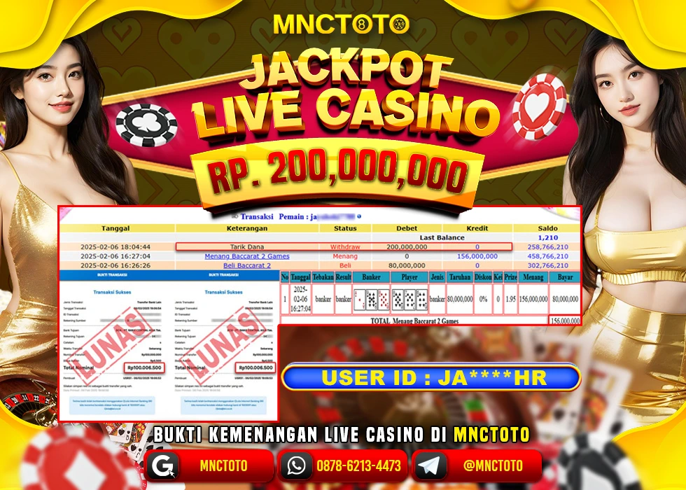MNCTOTO LIVE CASINO BACCARAT PECAH BOSKU Rp.100.000.000.,- LUNAS