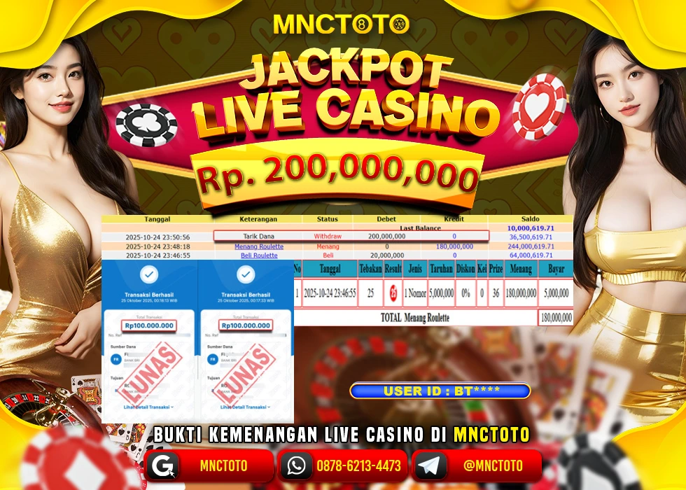 MNCTOTO JAKCPOT LIVE CASINO ROULETTE Rp.200.000.000,- LUNAS
