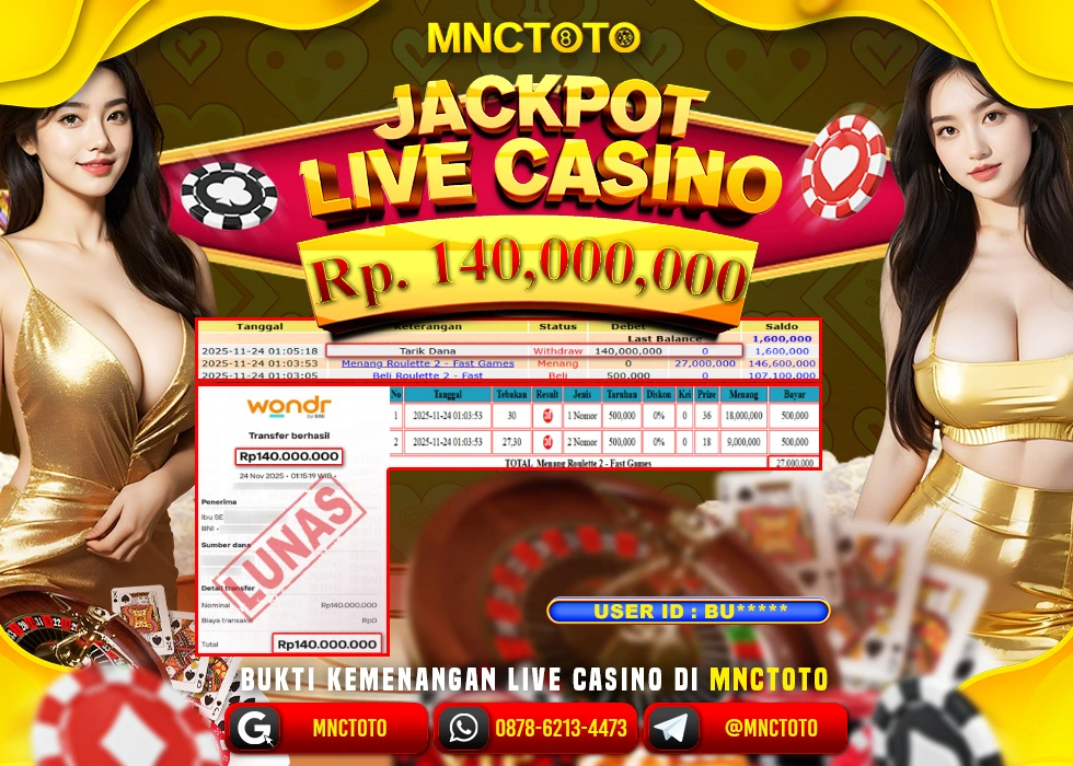 MNCTOTO JAKCPOT LIVE CASINO ROULETTE 2 Rp.140.000.000,- LUNAS
