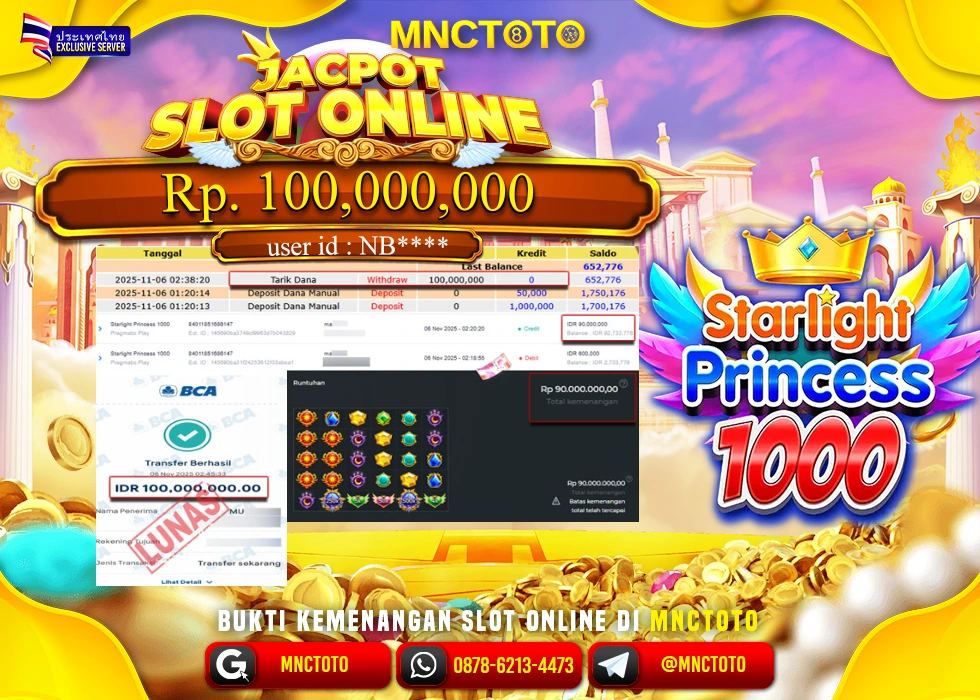 MNCTOTO JAKCPOT SLOT PRINCESS 1000 BOSKU Rp.100.000.000,- LUNAS