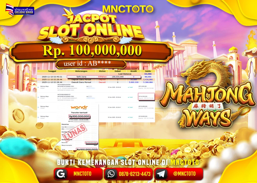 MNCTOTO JACKPOT SLOT MAHJONG WAYS Rp.100.000.000,- LUNAS