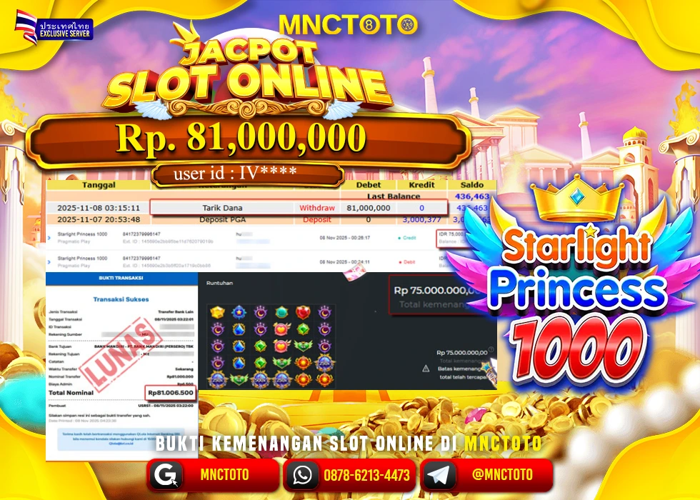 MNCTOTO JAKCPOT SLOT PRINCESS 1000 BOSKU Rp.81.000.000,- LUNAS