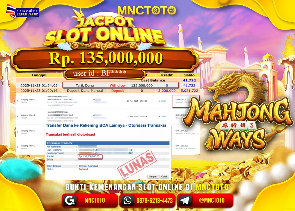 MNCTOTO JACKPOT SLOT MAHJONG WAYS  Rp.135.000.000,- LUNAS