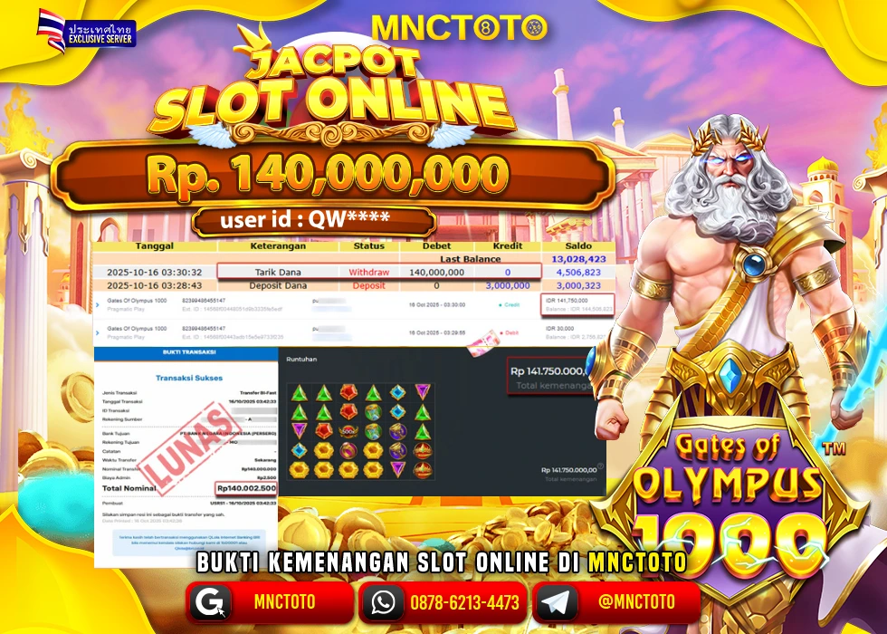 MNCTOTO JAKCPOT SLOT GATES OF OLYMPUS Rp.140.000.000,- LUNAS