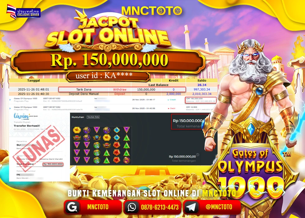 MNCTOTO JAKCPOT SLOT GATES OF OLYMPUS 1000 Rp.150.000.000,- LUNAS