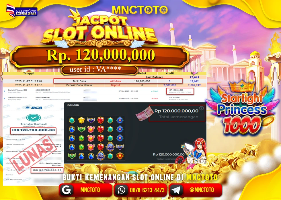 MNCTOTO JAKCPOT SLOT PRINCESS 1000 BOSKU Rp.120.000.000,- LUNAS