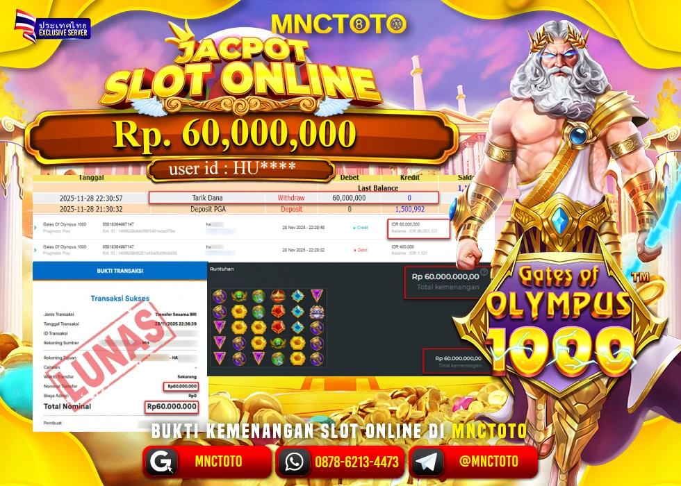 MNCTOTO JAKCPOT SLOT GATES OF OLYMPUS 1000 Rp.60.000.000,- LUNAS