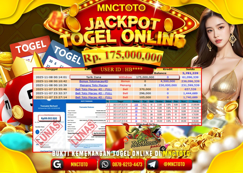 MNCTOTO JAKCPOT TOGEL TOTO MACAU Rp.175.000.000,- LUNAS