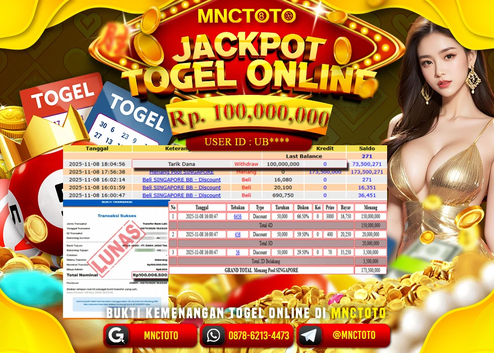 MNCTOTO JAKCPOT TOGEL POOL SINGAPORE Rp.100.000.000,- LUNAS