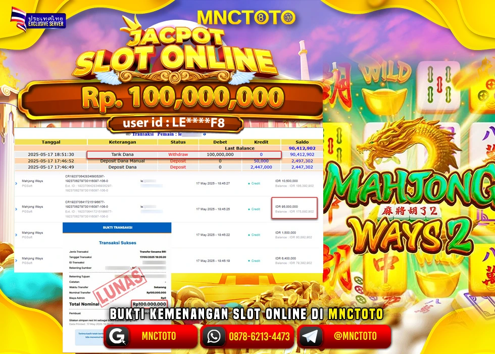 MNCTOTO SLOT MAHJONG WAYS PECAH BOSKU Rp 100.000.000.,- LUNAS