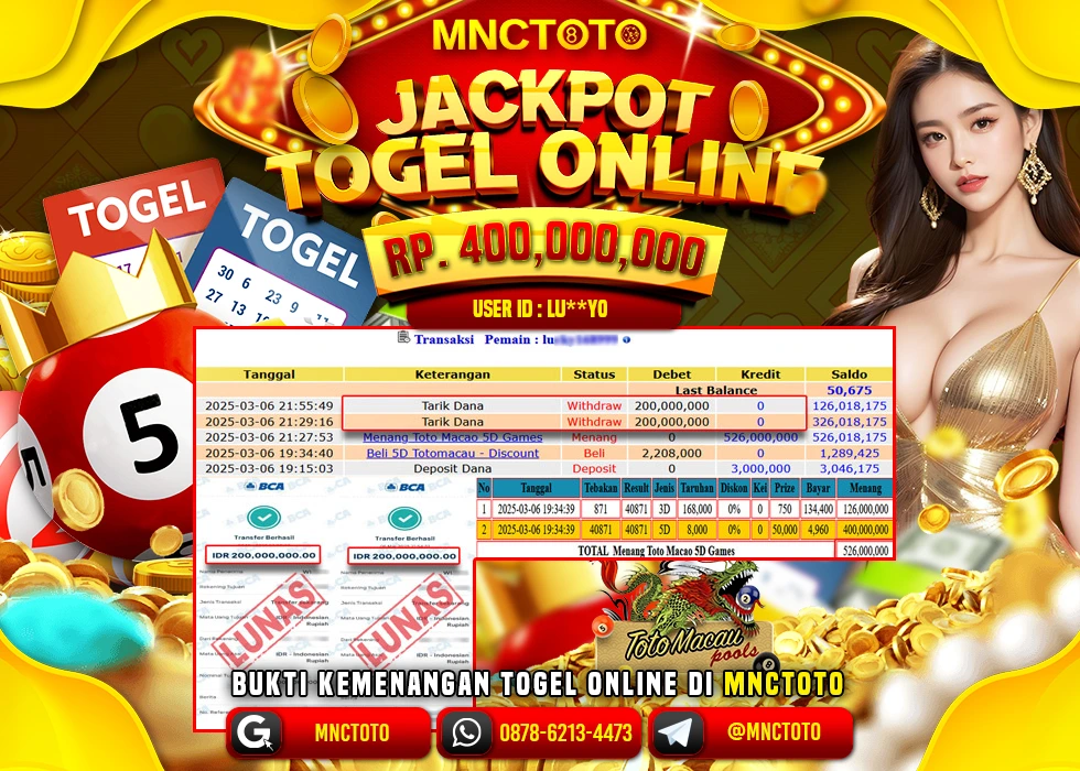 MNCTOTO TOGEL TOTO MACAU 5D PECAH BOSKU Rp 400.000.000.,- LUNAS