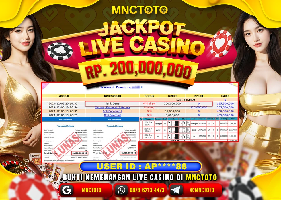 MNCTOTO LIVE CASINO BACCARAT PECAH BOSKU Rp.200.000.000.,- LUNAS