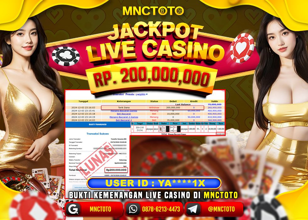 MNCTOTO LIVE CASINO BACCARAT PECAH BOSKU Rp.200.000.000.,- LUNAS