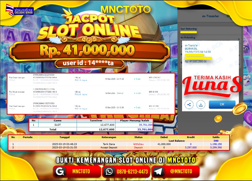 MNCTOTO SELAMAT KEPADA USER ID 14***AN  TELAH WEDE TOTAL Rp.41.000.000.,- LUNAS