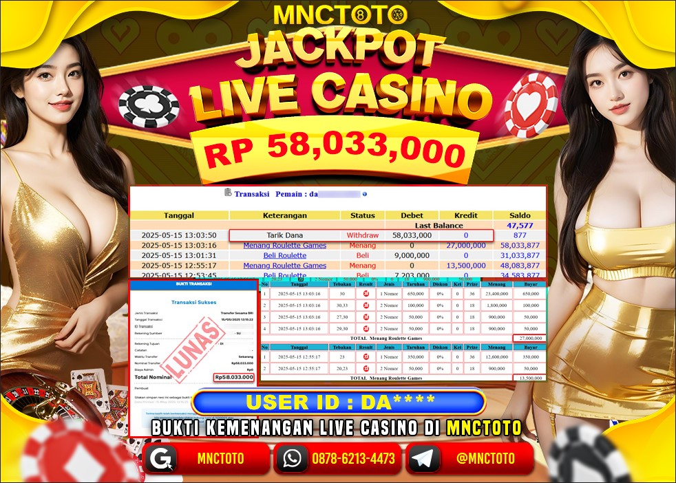 MNCTOTO SELAMAT KEPADA USER ID DA***  TELAH WEDE TOTAL Rp.58.033.000.,- LUNAS