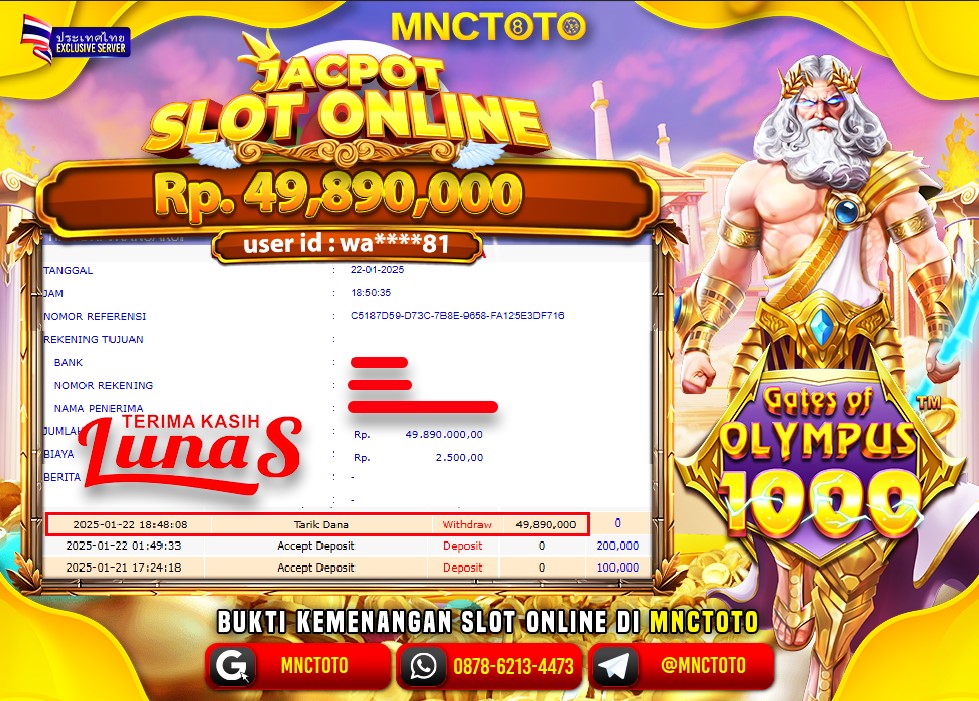 MNCTOTO SELAMAT KEPADA USER ID WA***81 TELAH WEDE TOTAL Rp.49.890.000.,- LUNAS