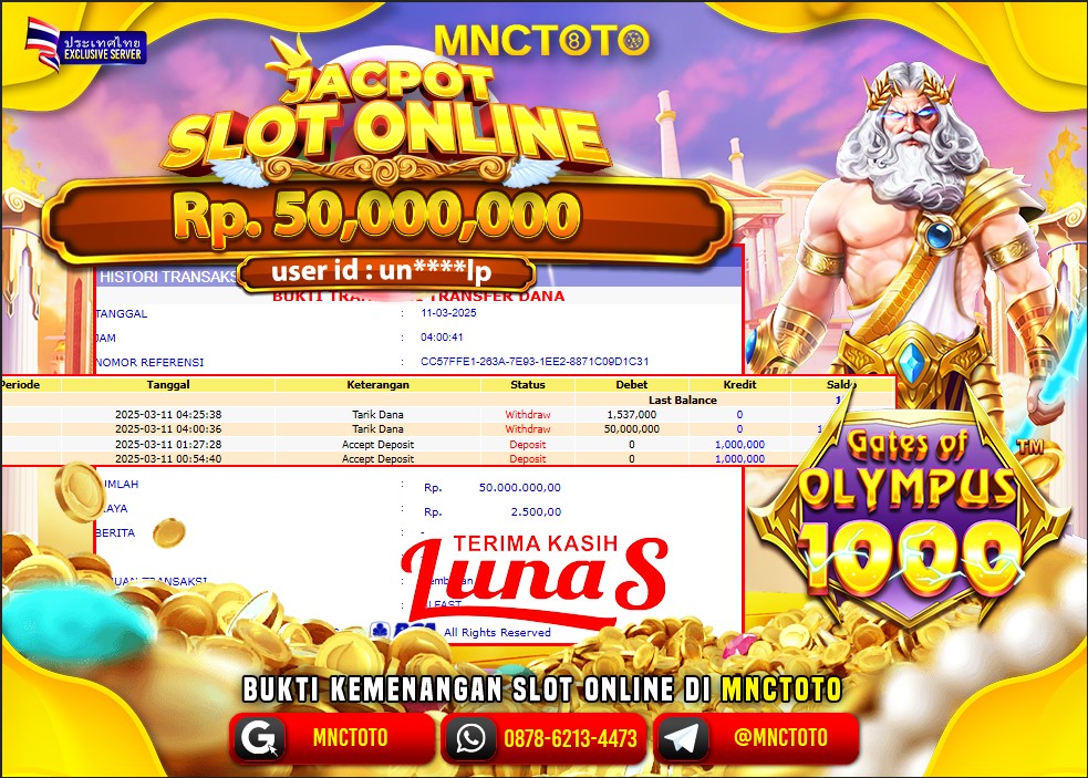 MNCTOTO SELAMAT KEPADA USER ID UN***IP  TELAH WEDE TOTAL Rp.50.000.000.,- LUNAS