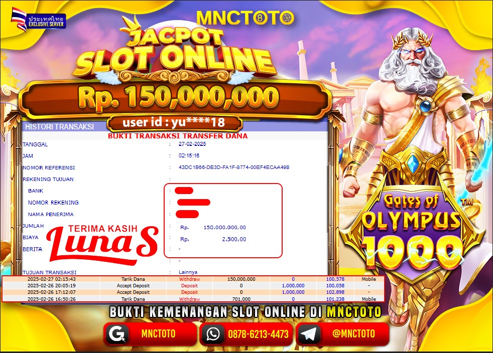 MNCTOTO SELAMAT KEPADA USER ID YU***18  TELAH WEDE TOTAL Rp.150.000.000.,- LUNAS