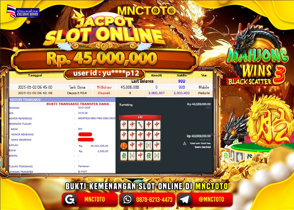 MNCTOTO SLOT MAHJONG WINS 3 SCATTER HITAM  BOSKU Rp.45.000.000.,- LUNAS