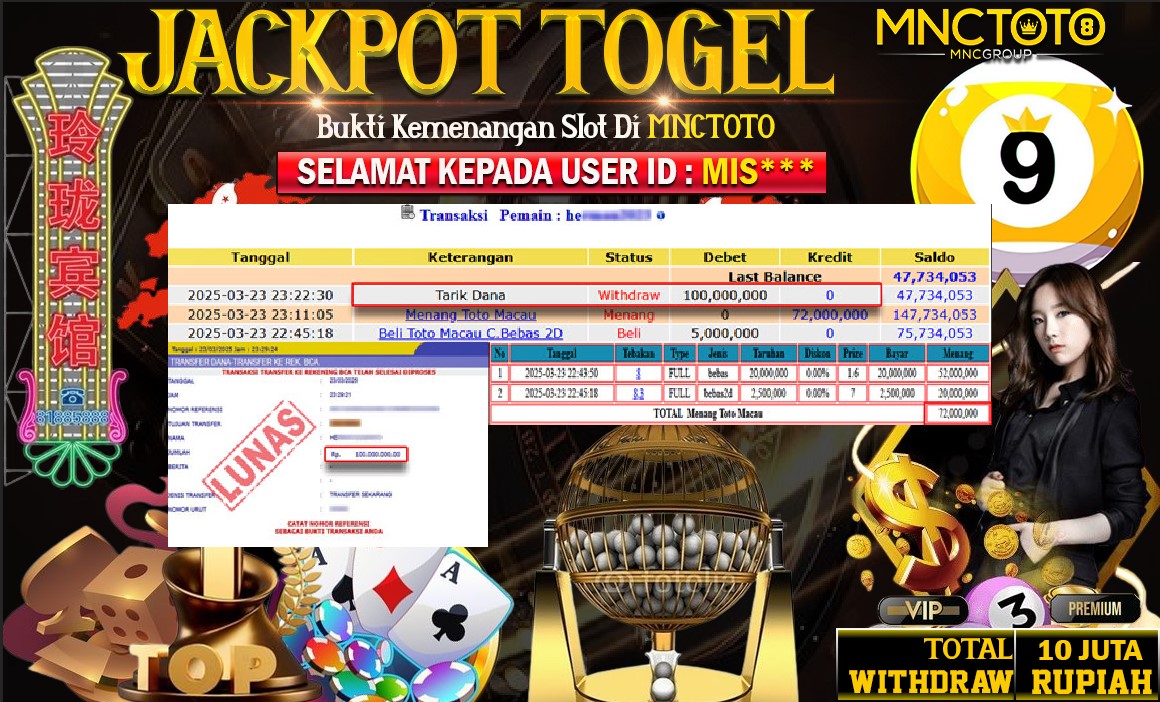 MNCTOTO SELAMAT KEPADA USER ID MIS***  TELAH WEDE TOTAL Rp.100.000.000.,- LUNAS