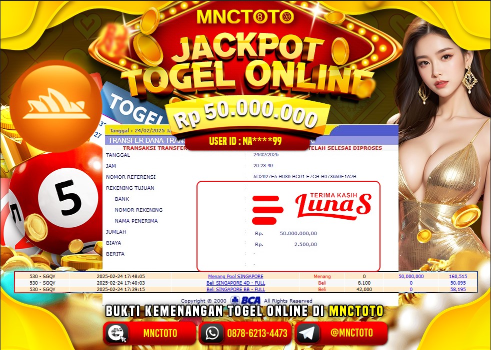 MNCTOTO SELAMAT KEPADA USER ID NA***99  TELAH WEDE TOTAL Rp.50.000.000.,- LUNAS