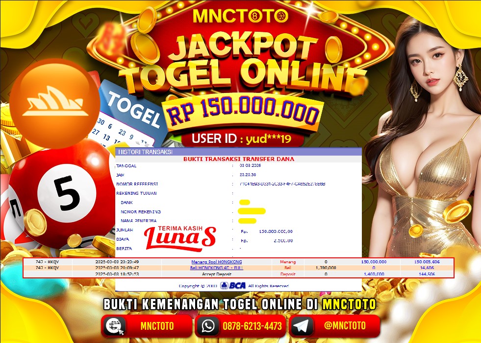MNCTOTO SELAMAT KEPADA USER ID Mil***11  TELAH WEDE TOTAL Rp.150.000.000.,- LUNAS