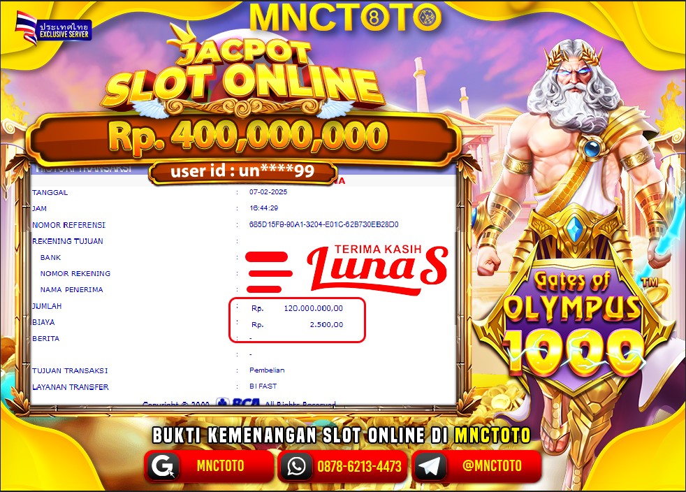 MNCTOTO SELAMAT KEPADA USER ID WA***81 TELAH WEDE TOTAL Rp.120.000.000.,- LUNAS