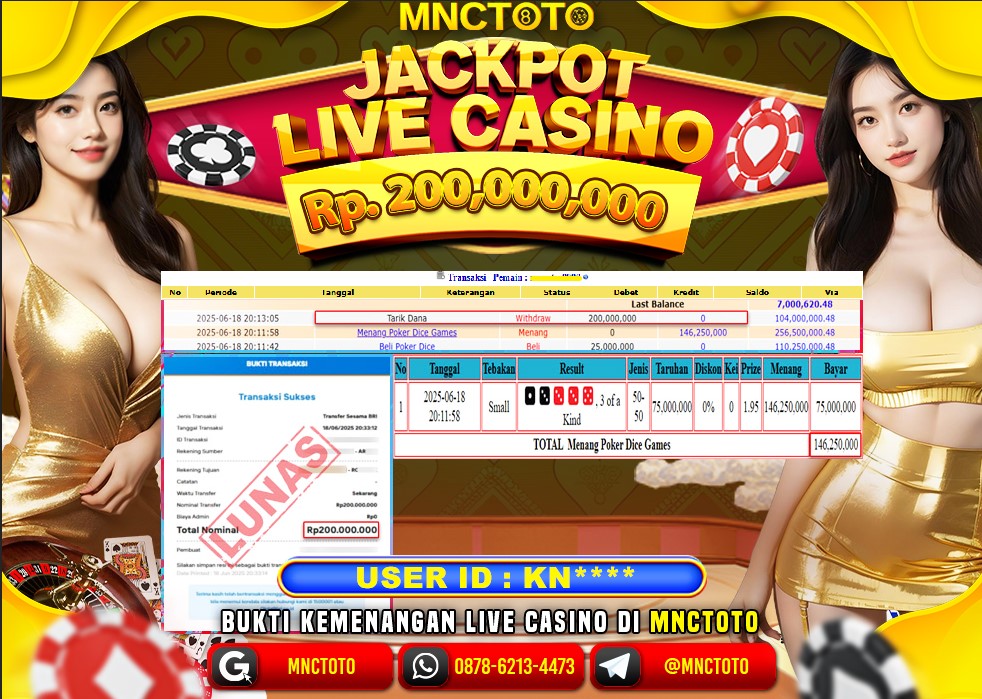 MNCTOTO SELAMAT KEPADA USER ID KN***  TELAH WEDE TOTAL Rp.200.000.000.,- LUNAS