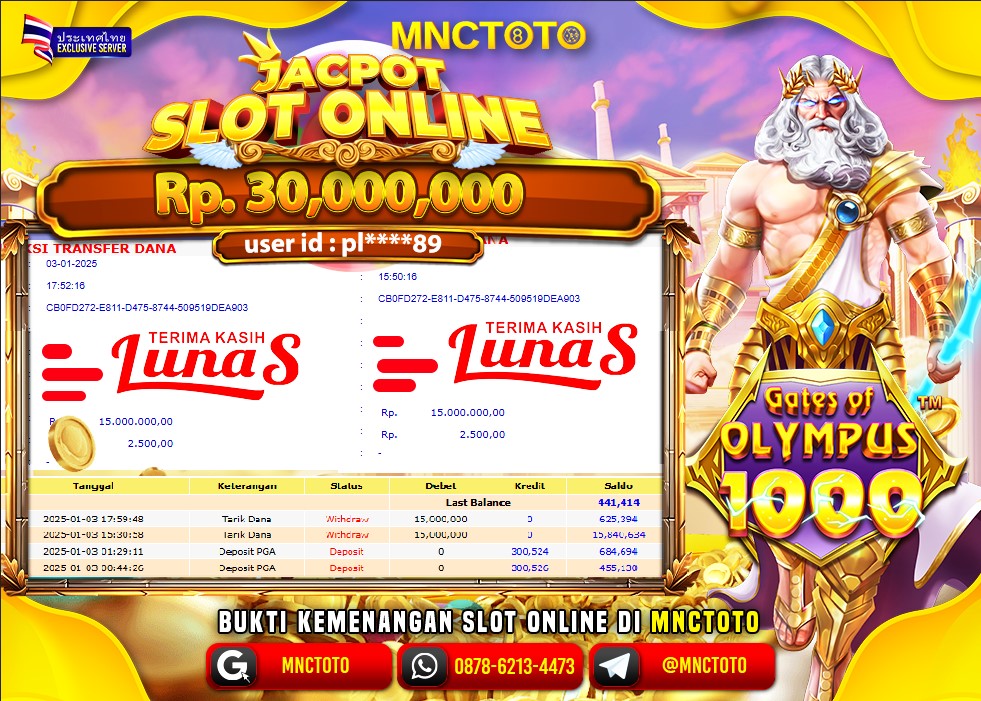 MNCTOTO SELAMAT KEPADA USER ID PL***89 TELAH WEDE TOTAL Rp.30.000.000.,- LUNAS