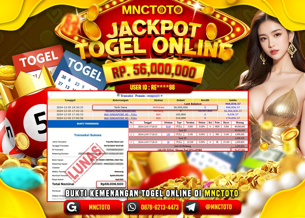 MNCTOTO TOGEL ONLINE SINGAPORE PECAH BOSKU Rp.56.000.000.,- LUNAS