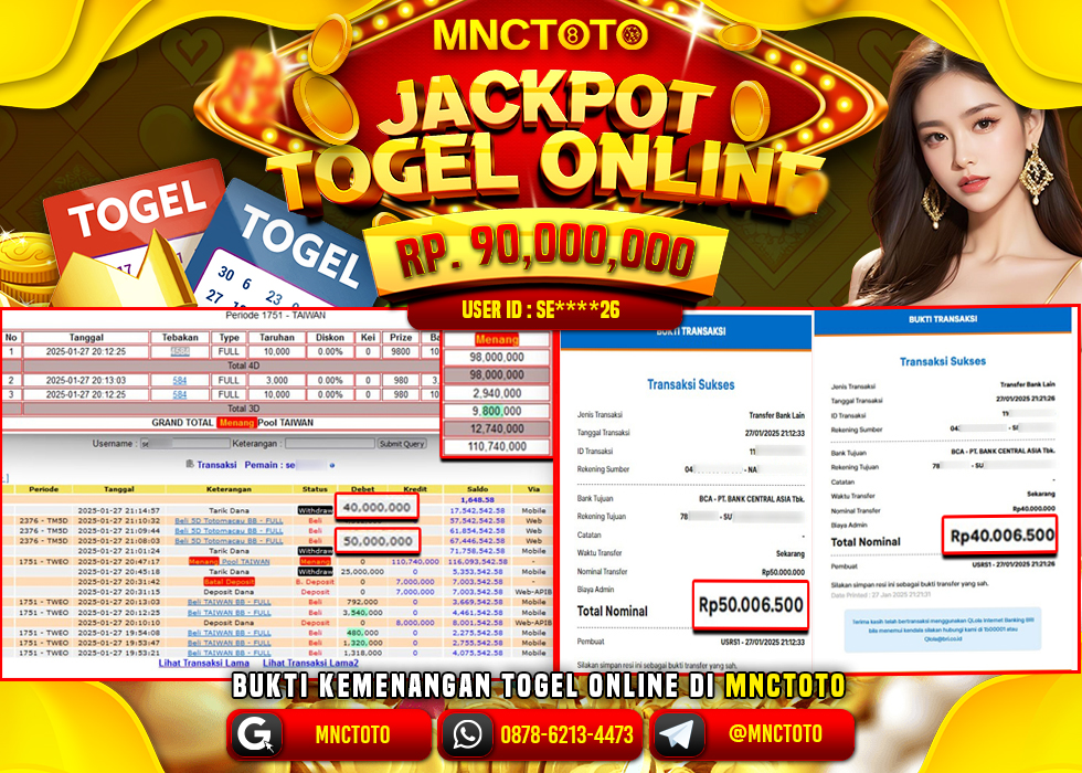 MNCTOTO JACKPOT TOGEL TAIWAN POOLS BOSKU Rp.90.000.000.,- LUNAS