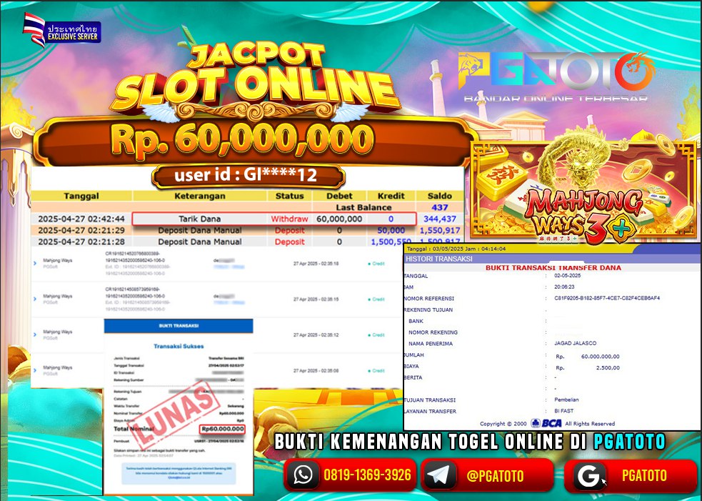PGATOTO MENANG JACKPOT SLOT MAHJONG WINS 3 Rp 60,000,000,- LUNAS