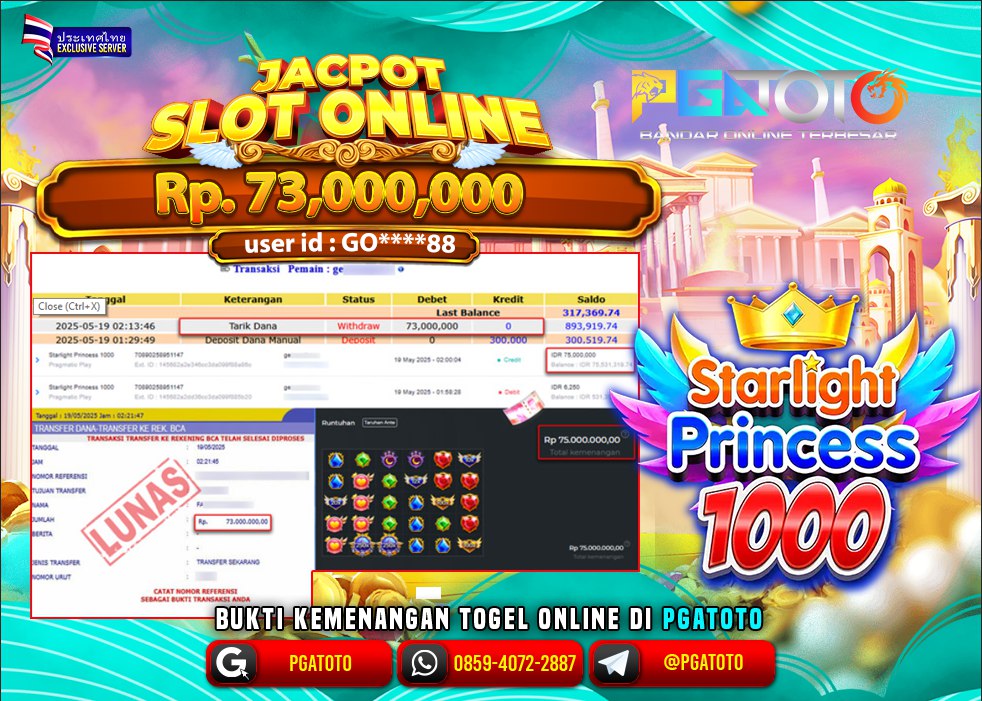 PGATOTO MENANG JACKPOT SLOT PRINCESS 1000  Rp.73.000.000.,- LUNAS