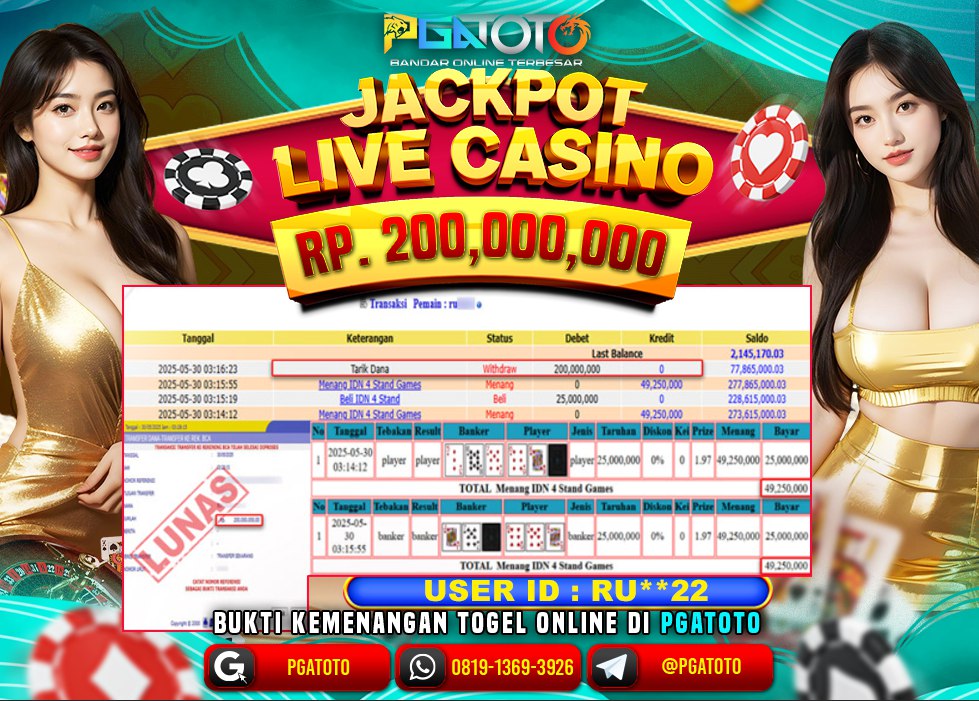 PGATOTO MENANG JACKPOT LIVE GAME CASINO Rp.200.000.000.,- LUNAS