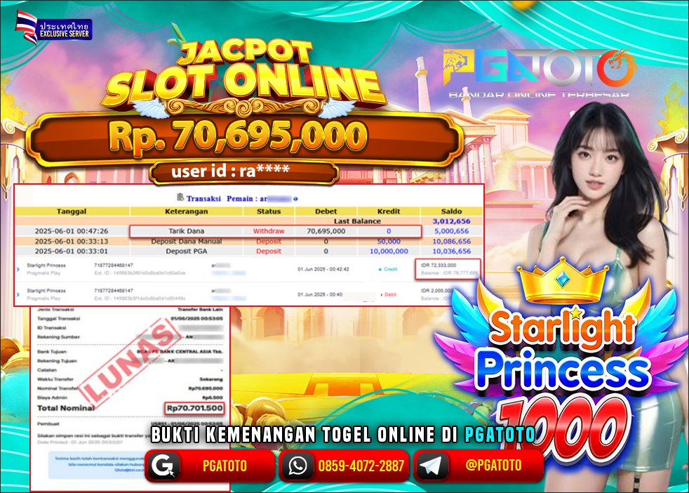 PGATOTO MENANG JACKPOT SLOT PRINCESS 1000 Rp.70.695.000.,- LUNAS