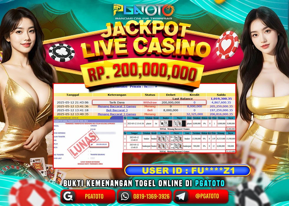 PGATOTO LIVE CASINO BACCARAT PECAH  RP 200.000.000; LUNAS