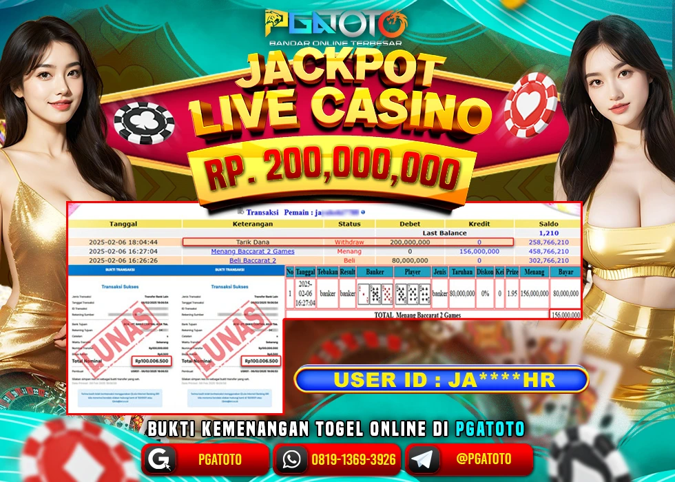 PGATOTO LIVE CASINO BACCARAT PECAH  RP 200.000.000; LUNAS
