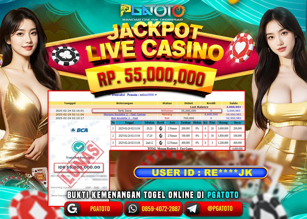 PGATOTO LIVE CASINO ROULLETE PECAH  RP 55.000.000; LUNAS