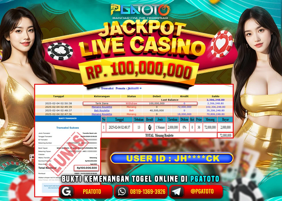 PGATOTO JACKPOT LIVE CASINO ROULETTE  RP 100.000.000; LUNAS