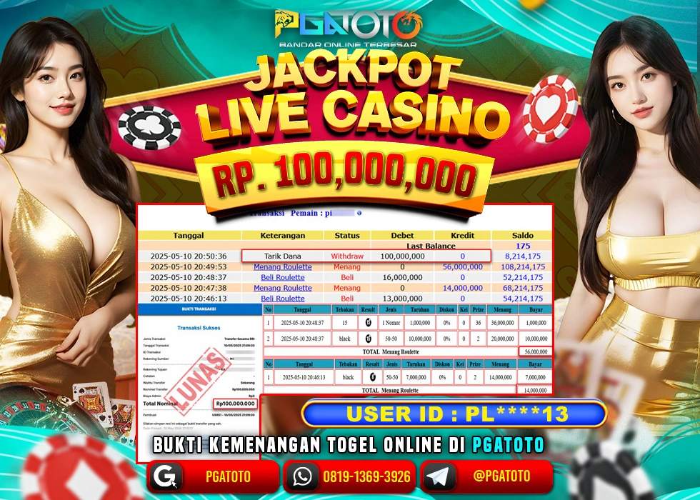 PGATOTO LIVE CASINO ROULETTE PECAH  RP 100.000.000; LUNAS