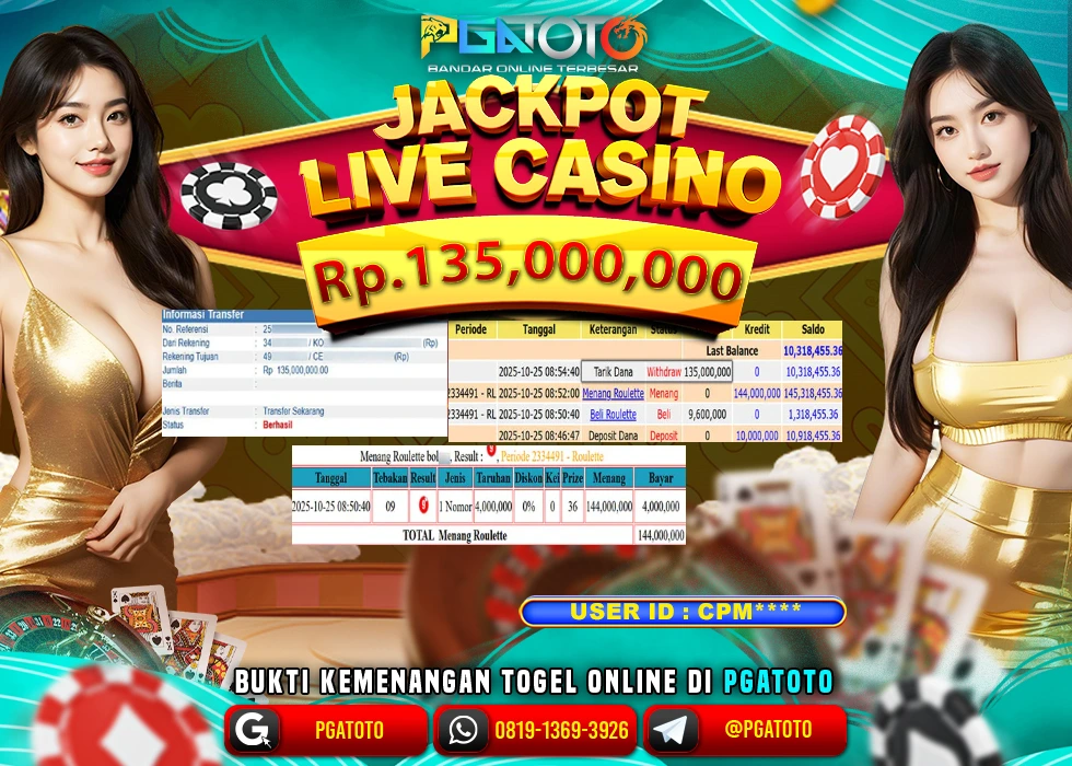 PGATOTO JACKPOT LIVE CASINO ROULETTE Rp.135.00.000,- LUNAS