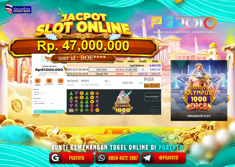 PGATOTO JACKPOT SLOT GATES OF OLYMPUS 1000  BOSKU Rp.47.000.000,- LUNAS