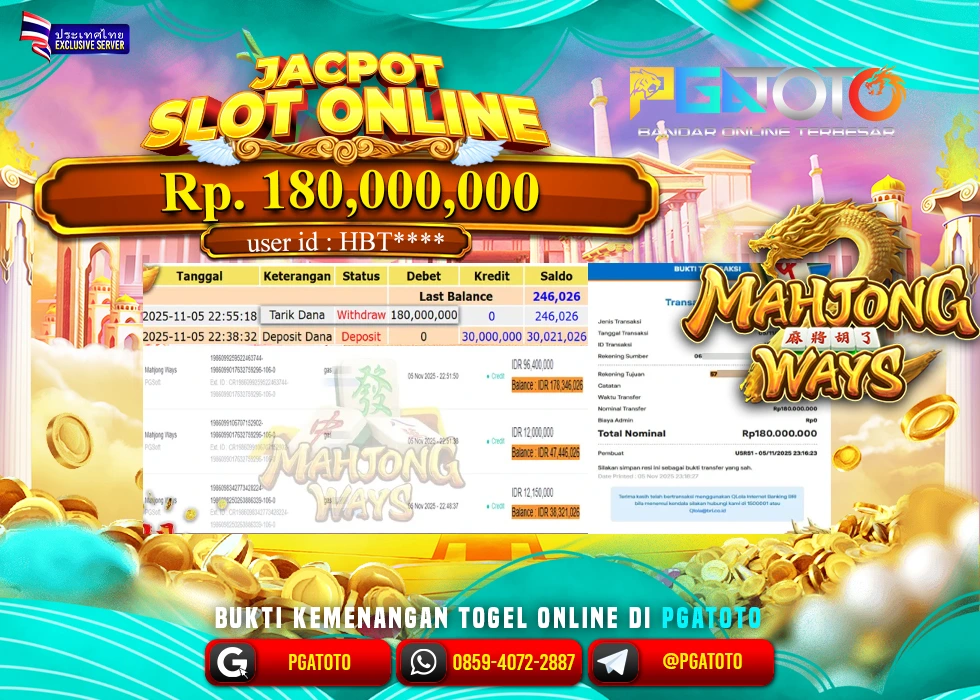PGATOTO JACKPOT SLOT MAHJONG WAYS  BOSKU Rp.180.000.000,- LUNAS