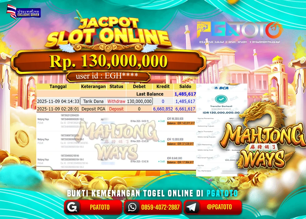 PGATOTO JACKPOT SLOT MAHJONG WAYS BOSKU Rp.130.000.000,- LUNAS