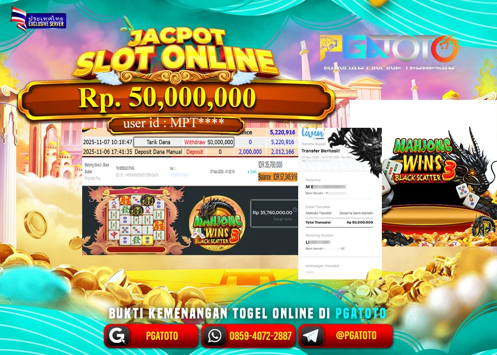 PGATOTO JACKPOT SLOT MAHJONG WINS 3 BOSKU Rp.50.000.000,- LUNAS