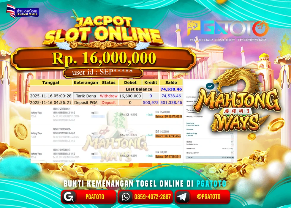 PGATOTO JACKPOT SLOT MAHJONG WAYS BOSKU Rp.16.000.000,- LUNAS
