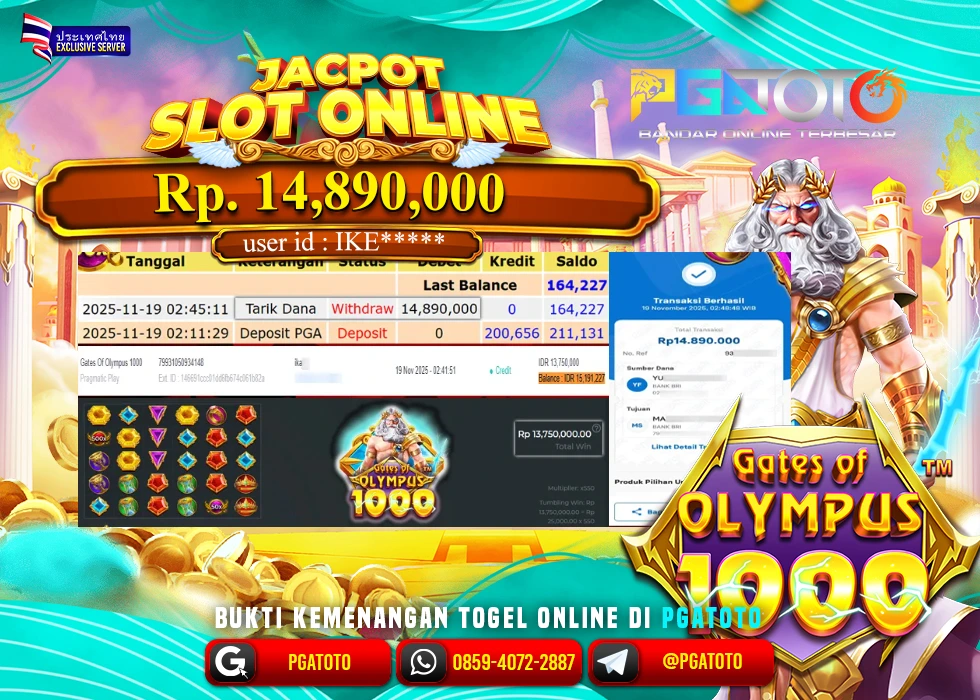 PGATOTO JACKPOT SLOT GATES OF OLYMPUS 1000 BOSKU Rp.14.890.000,- LUNAS