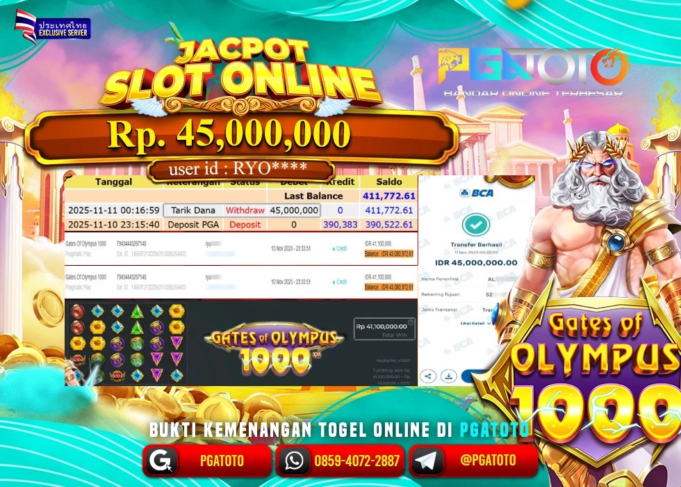 PGATOTO JACKPOT SLOT GATES OF OLYMPUS 1000 BOSKU Rp.45.000.000,- LUNAS
